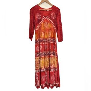 Just Cruising red/yellow/orange 3/4 sleeve boat neck ruched maxi dress